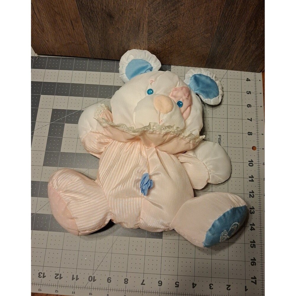 Vintage Fisher Price Puffalump Puppy Dog/ Mouse Rattle plush Pink Blue White